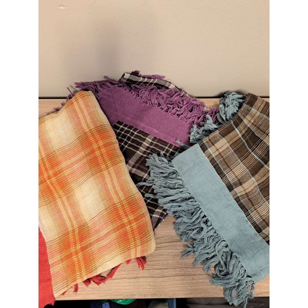 GAP Plaid Scarves Wrap Shawl Set of 3 Orange Purple Blue Fringe
